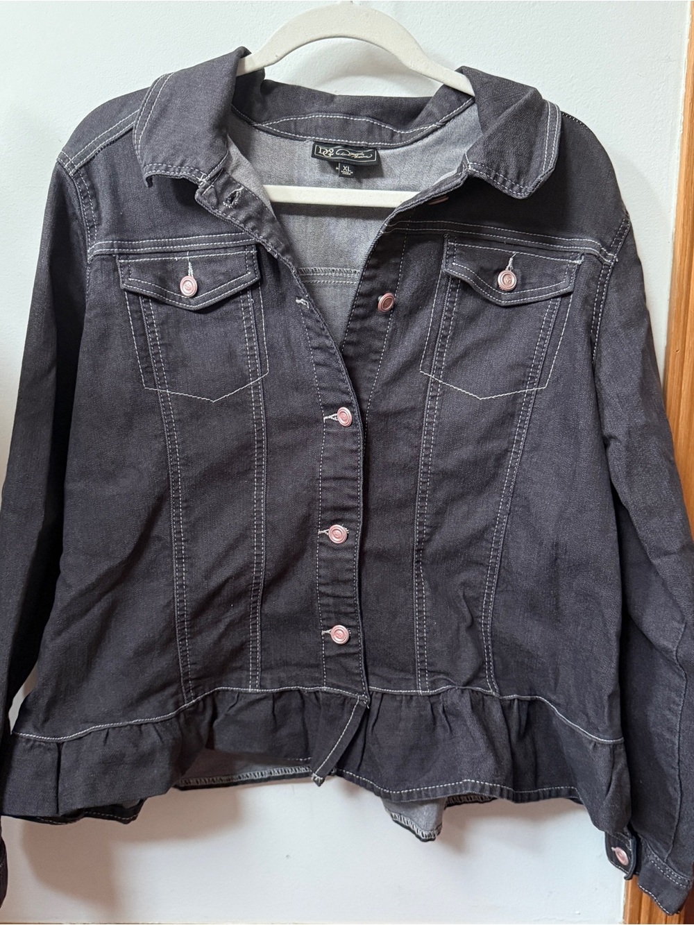 G2 Washed Black Denim Jacket with ruffle detail
